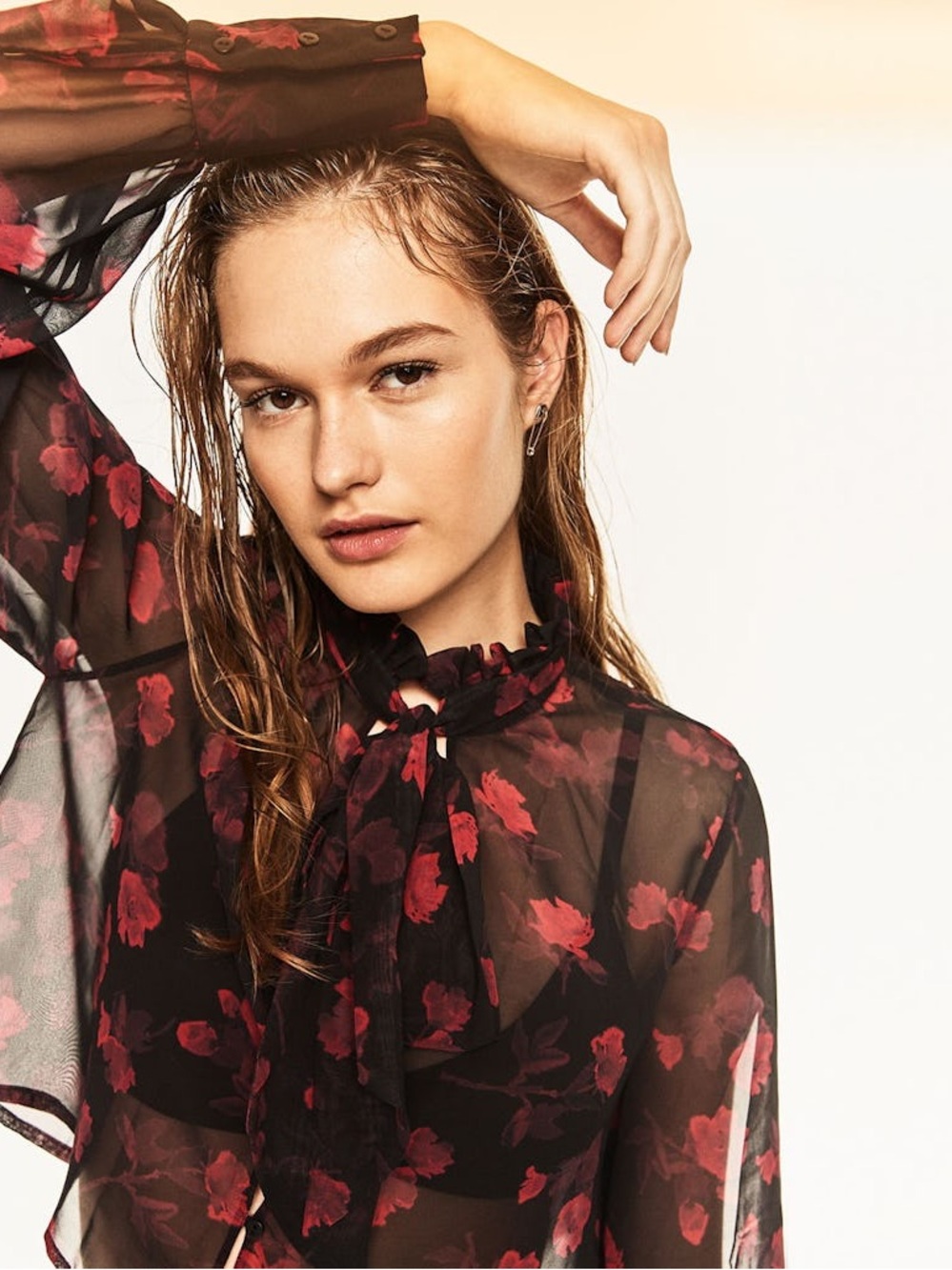 Zara Black Blouse with Dark Rose Print Neck Tie Lace Long Sleeve Blouse